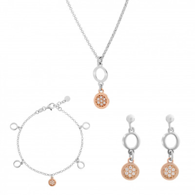 'Maite' Women's Sterling Silver Set: Chain + Bracelet + Earrings - Silver/Rose SET-7376