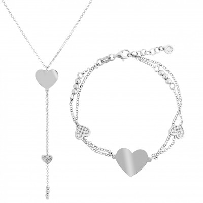 'Heart' Women's Sterling Silver Set: Chain + Bracelet - Silver SET-7384