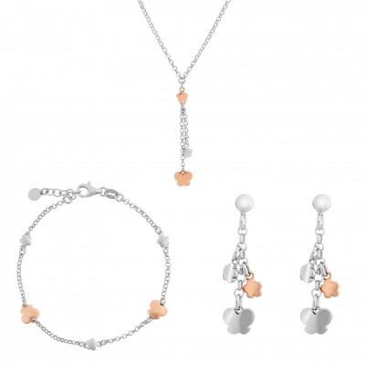 'Lorelei' Women's Sterling Silver Set: Chain + Bracelet + Earrings - Silver/Rose SET-7386