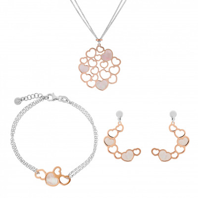 'Maliya' Women's Sterling Silver Set: Chain + Bracelet + Earrings - Silver/Rose SET-7388
