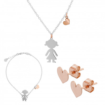 'Lyra' Women's Sterling Silver Set: Chain + Bracelet + Earrings - Silver/Rose SET-7390