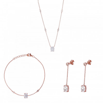'Elodie' Women's Sterling Silver Set: Chain + Bracelet + Earrings - Rose SET-7419
