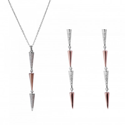 'Aada' Women's Sterling Silver Set: Necklace + Earrings - Silver/Rose SET-7433