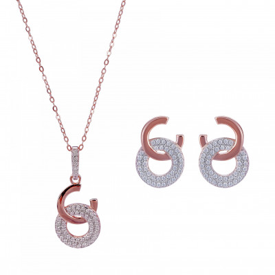 'Carleen' Women's Sterling Silver Set: Chain-Pendant + Earrings - Rose SET-7440