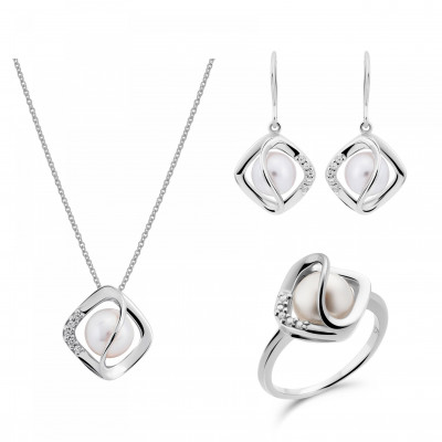 'Aina' Women's Sterling Silver Set: Necklace + Earrings + Ring - White SET-7471/52