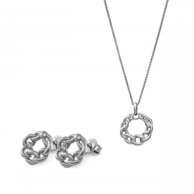 'Estelle' Women's Sterling Silver Set: Chain-Pendant + Earrings - Silver SET-7516