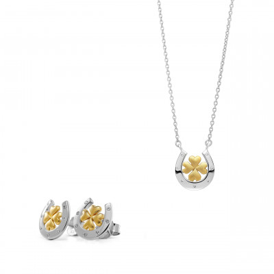 'Signature' Women's Sterling Silver Set: Chain-Pendant + Earrings - Silver/Gold SET-7517