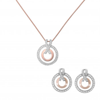 'Azalea' Women's Sterling Silver Set: Chain-Pendant + Earrings - Silver/Rose SET-7095/1