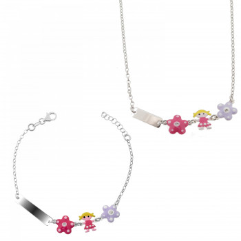 'Dahlia' Child Unisex's Sterling Silver Set: Bracelet + Necklace - Silver SET-7147