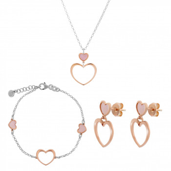 'Mada' Women's Sterling Silver Set: Chain + Bracelet + Earrings - Silver/Rose SET-7389