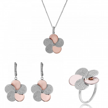 Orphelia® Women's Sterling Silver Set: Necklace + Earrings + Ring - Silver/Rose SET-7452 #1