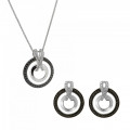 'Azalea' Women's Sterling Silver Set: Chain-Pendant + Earrings - Silver/Black SET-7095/2